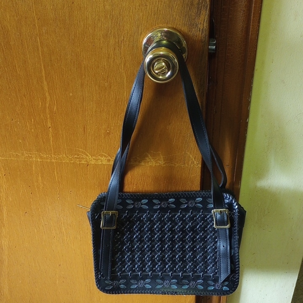 Black Shoulder Bag, Subtle Floral Pattern, Gold Buckles, Adjustable Straps, Zip